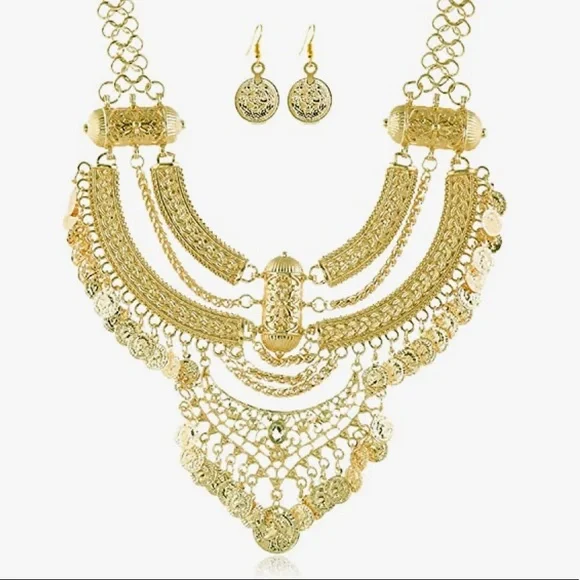 [GOLD] Exotic NEW Statement Bib Cleopatra Coin Necklace+Earring Set - Picture 7 of 8